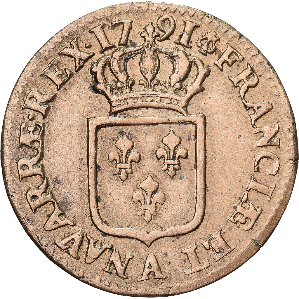 France, Louis XVI, 1 Sol, 1791, Paris, 2nd semester, Copper, AU