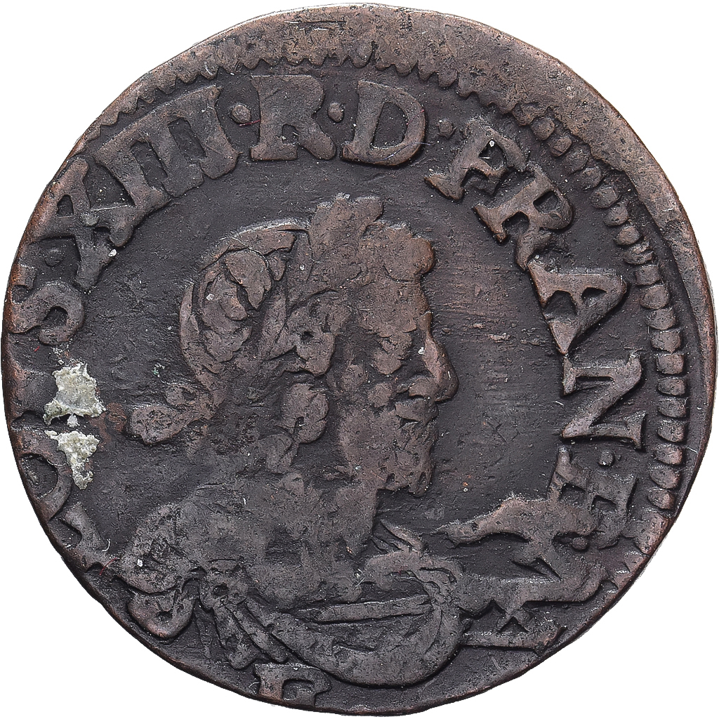 France, Louis XIII, Double Tournois, 1638, Tours, Copper, VF(20-25), Gadoury:11