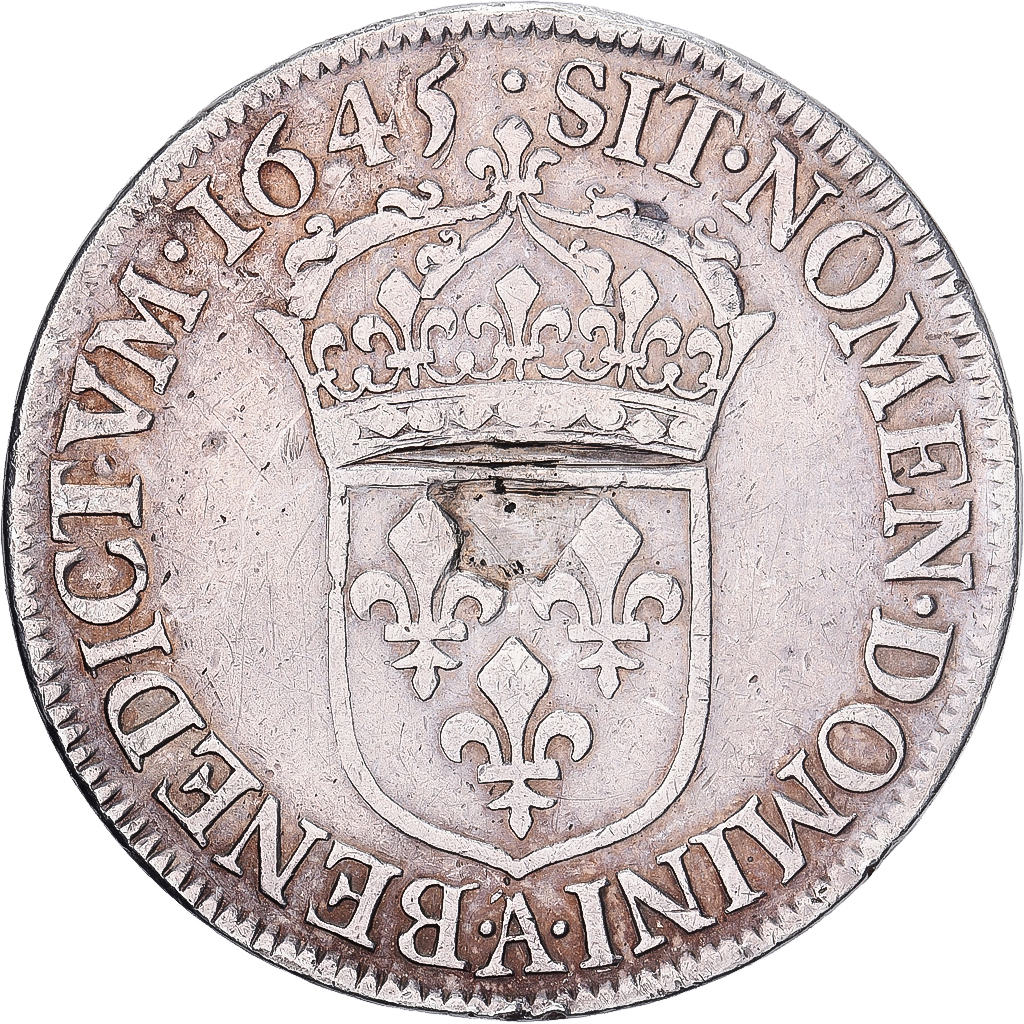 France, Louis XIV, 1/2 Écu à la mèche courte, 1645, Paris, Silver, EF