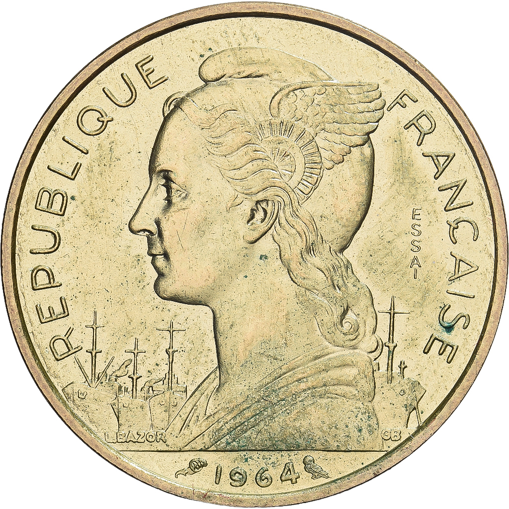 Comoros, 20 Francs, 1964, Paris, Pattern, Aluminum-Bronze, MS, KM:E5