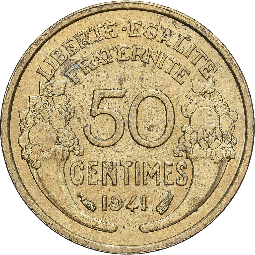 Francja, 50 Centimes, Morlon, 1941, Paris, Brązal, AU(50-53), Gadoury:423a