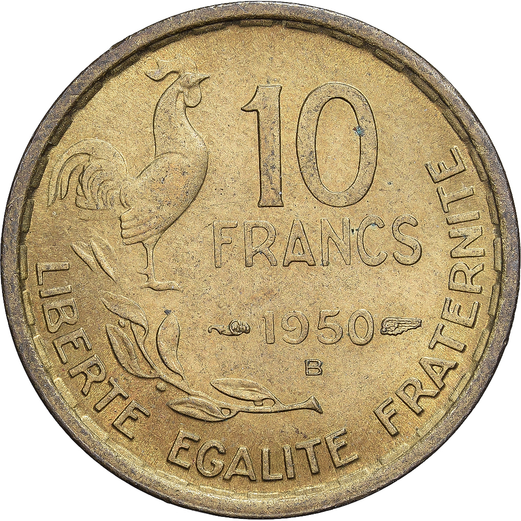 France, 10 Francs, Guiraud, 1950, Beaumont-Le-Roger, Cupro-Aluminium, AU(50-53)