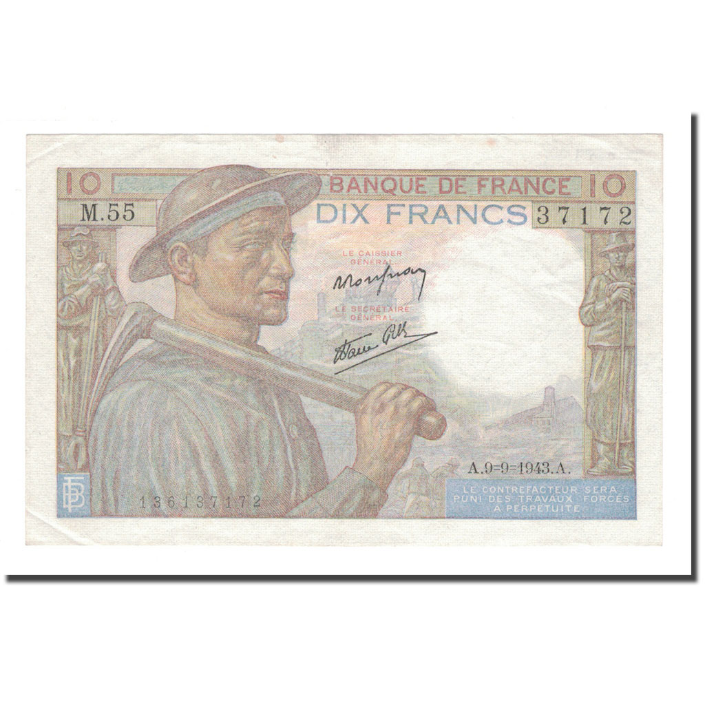 France, 10 Francs, 1943, 1943-09-09, AU(50-53), Fayette:8.9, KM:99d