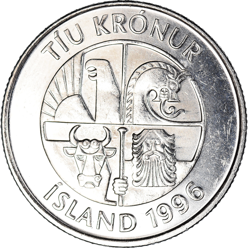 Coin, Iceland, 10 Kronur, 1996 European Coins