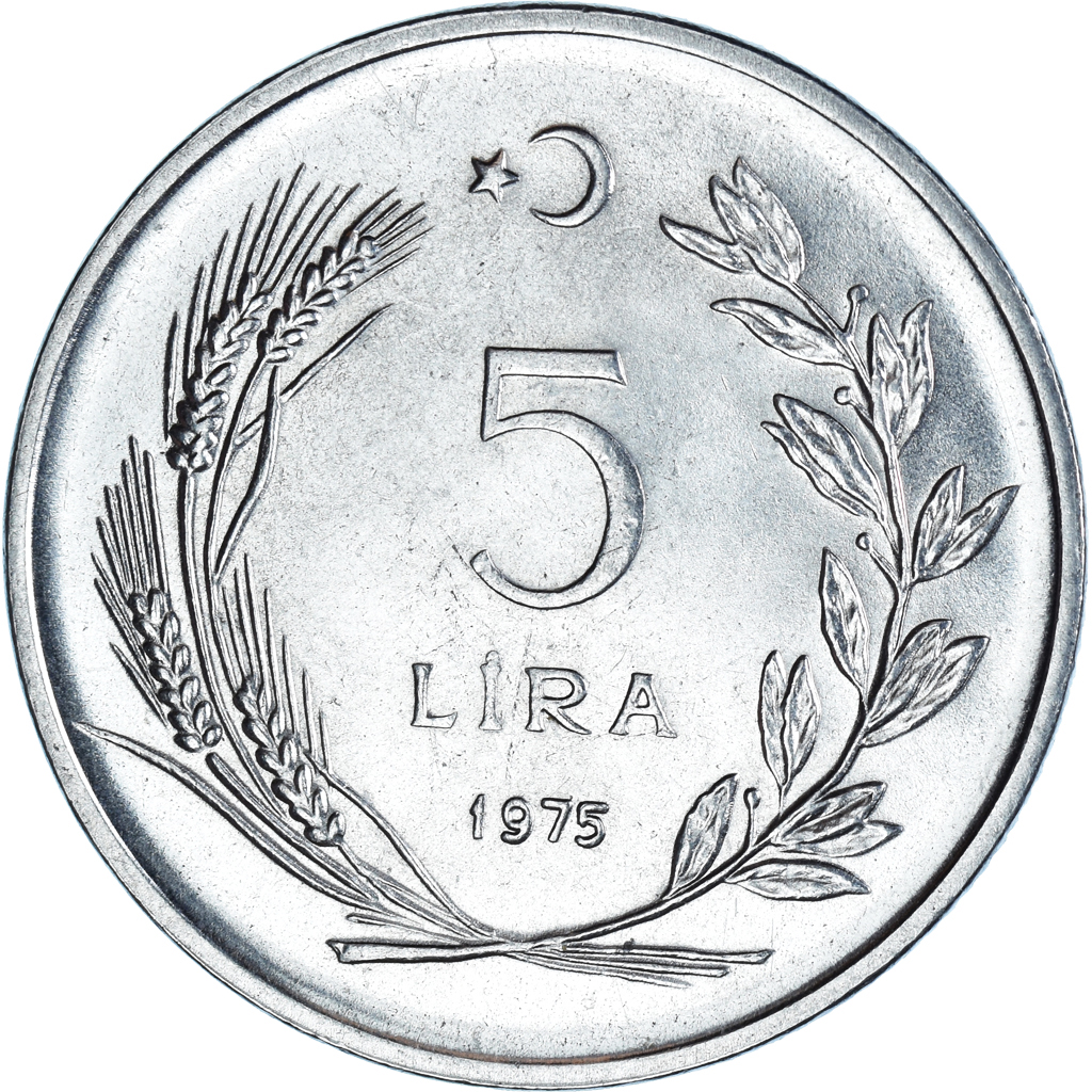 Coin, Turkey, 5 Lira, 1975