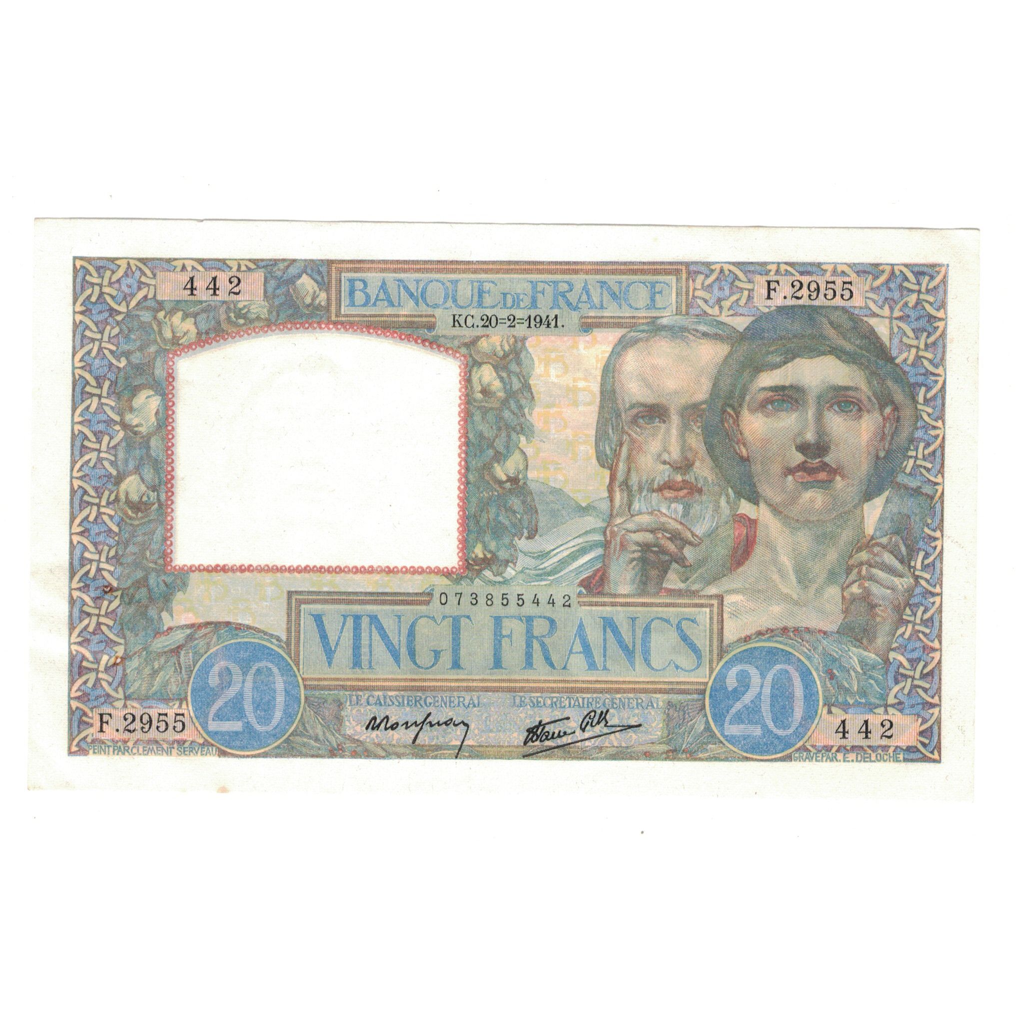 France, 20 Francs, Science et Travail, 1941, F.2955, AU(50-53), Fayette:12.12