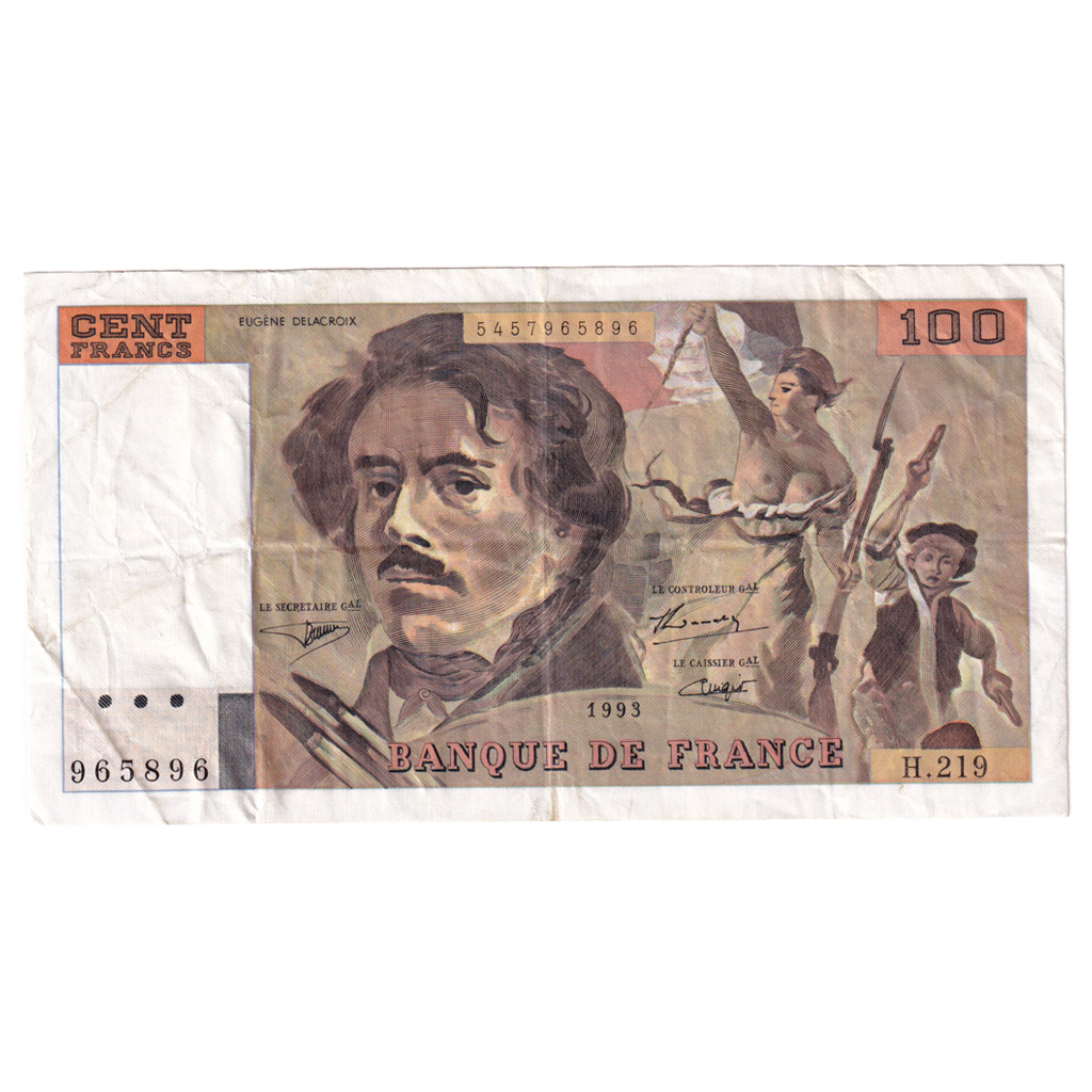 France, 100 Francs, Delacroix, 1993, H.219, EF(40-45), Fayette:69bis.7