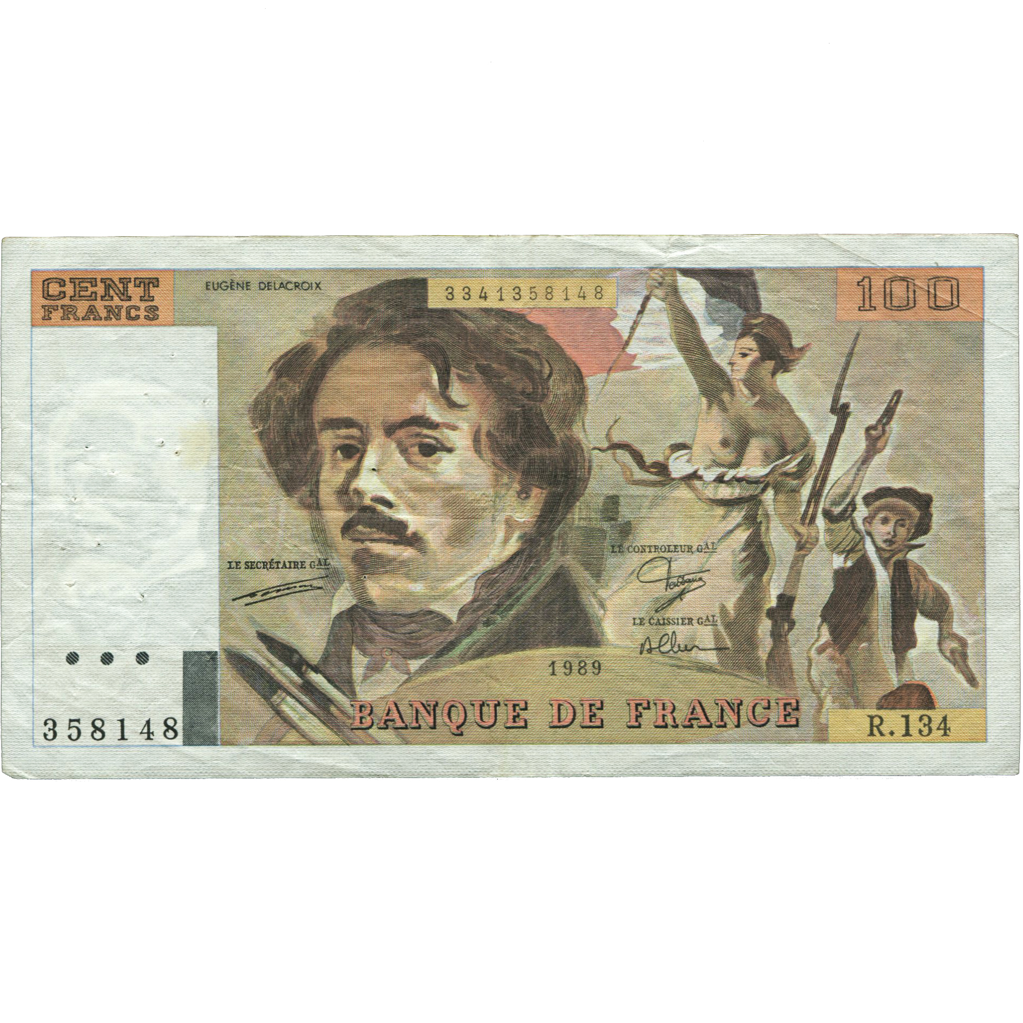 France, 100 Francs, Delacroix, 1989, R.134, EF(40-45), Fayette:69.13a