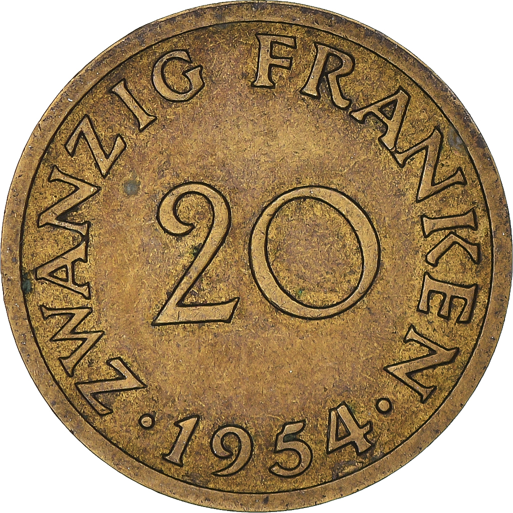 Coin, SAARLAND, 20 Franken, 1954