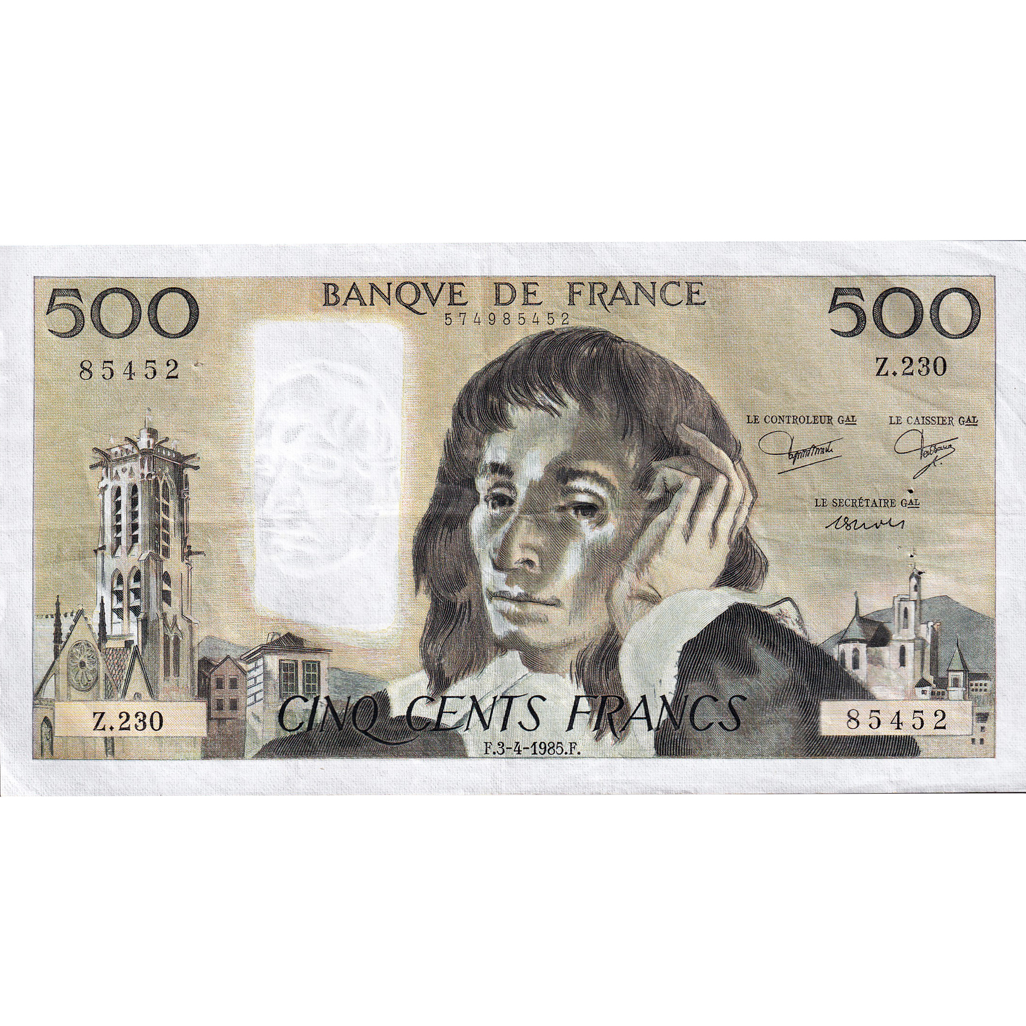 France, 500 Francs, Pascal, 1985, Z.230, EF(40-45), Fayette:71.33
