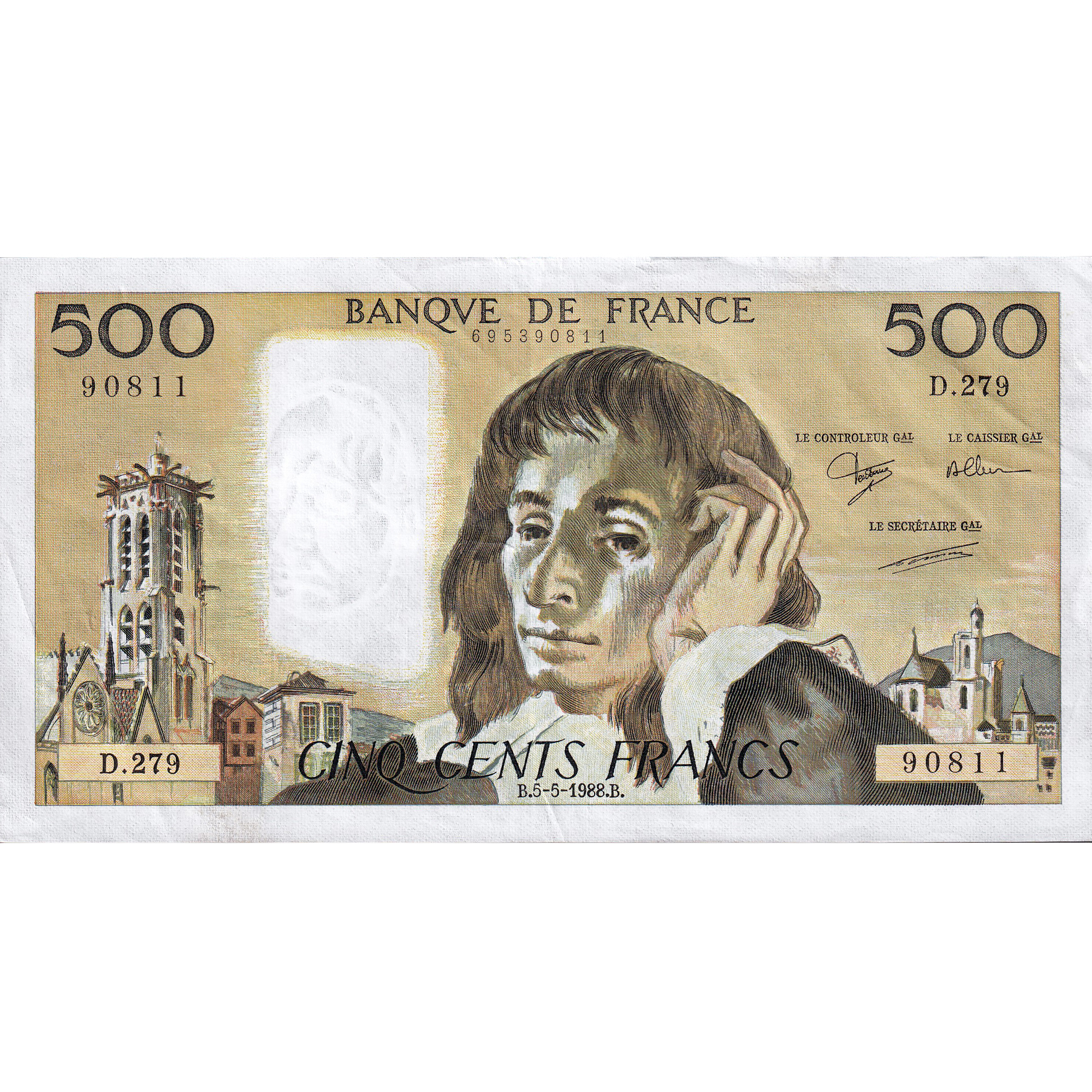 France, 500 Francs, Pascal, 1988, D.279, AU(50-53), Fayette:71.39