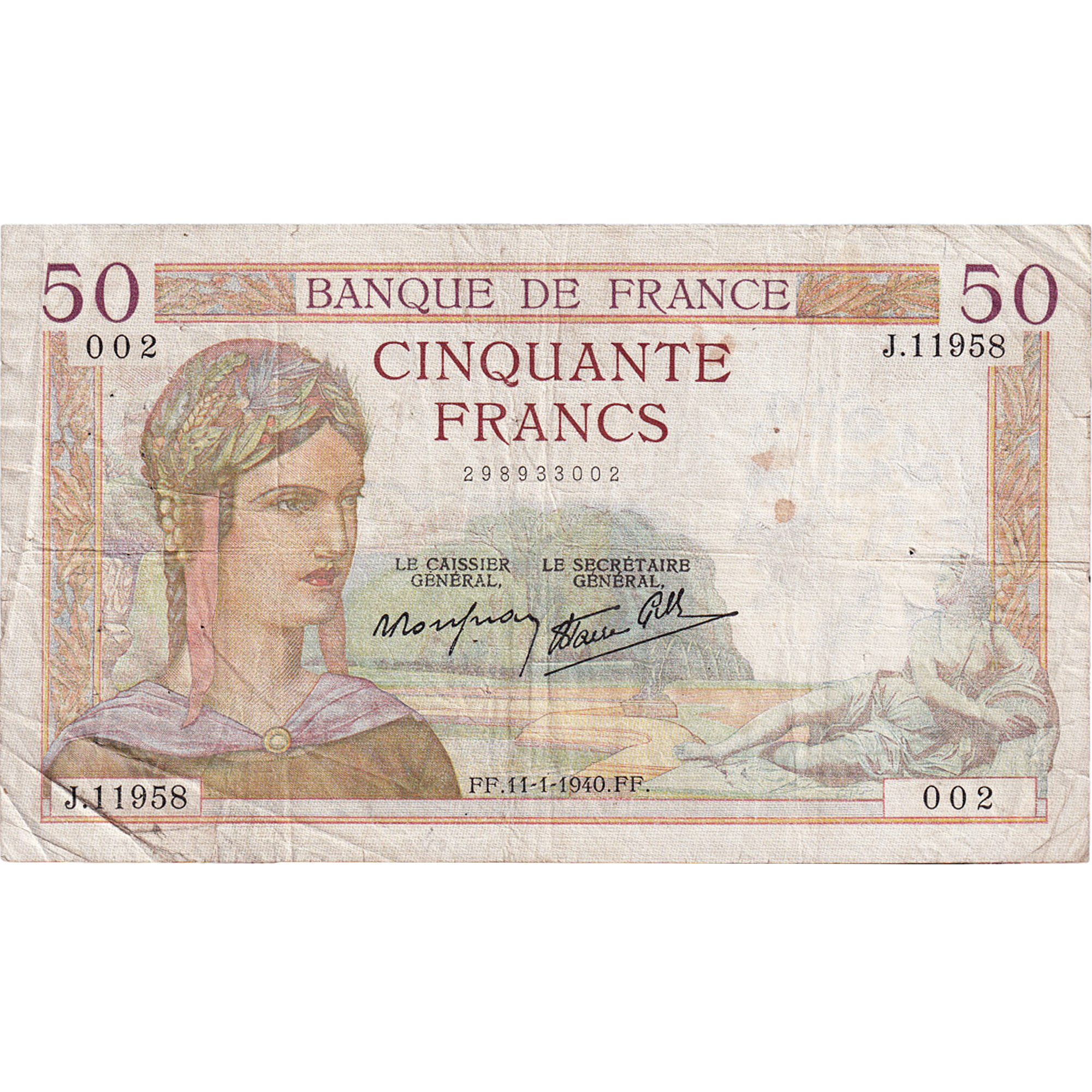 France, 50 Francs, Cérès, 1940, J.11958, VF(30-35), Fayette:18.37, KM:85b
