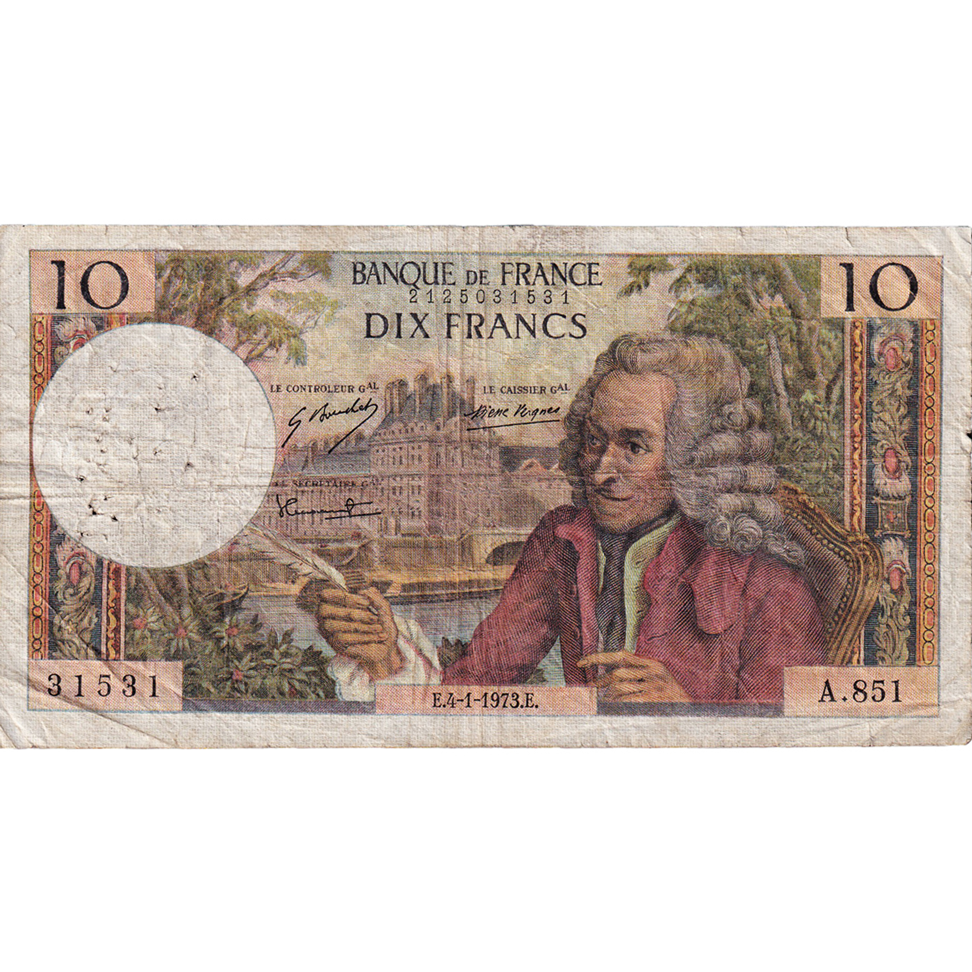 France, 10 Francs, Voltaire, 1973, A.851, VF(30-35), Fayette:62.60, KM:147d