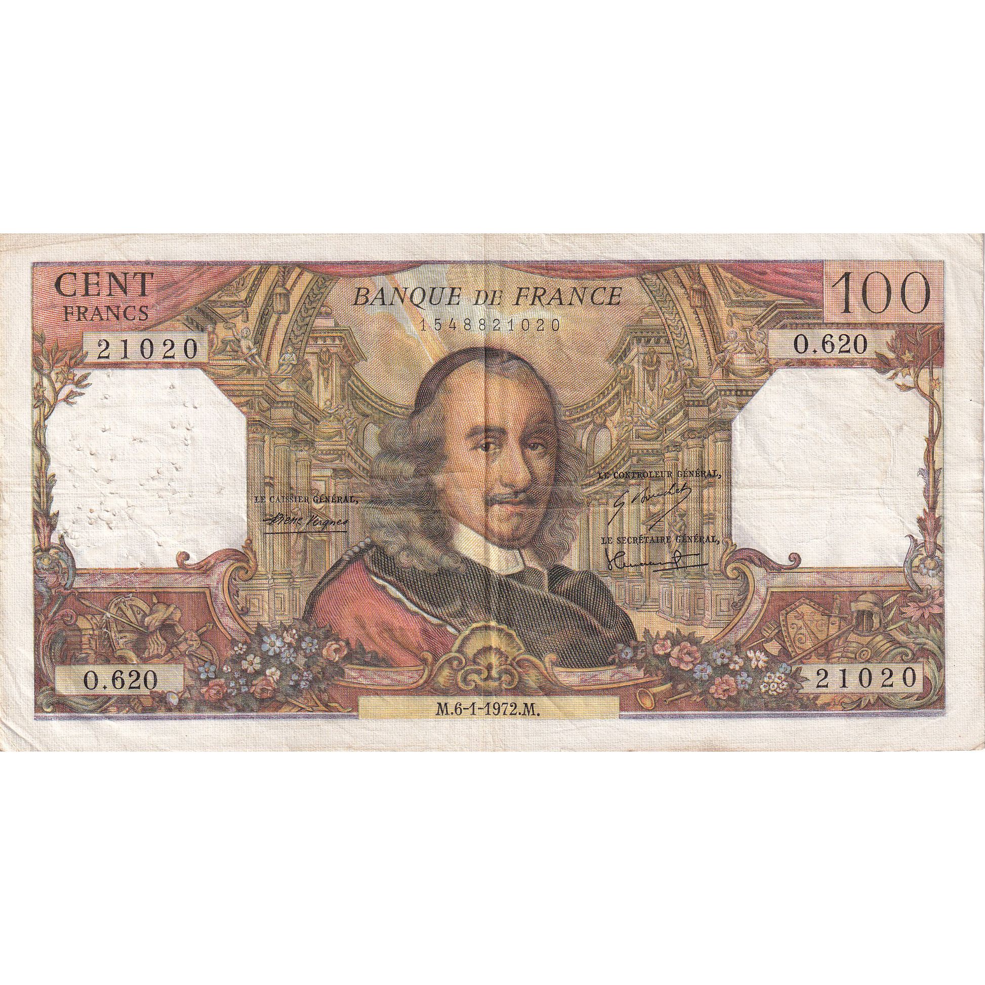France, 100 Francs, Corneille, 1972, O.620, EF(40-45), Fayette:65.38, KM:149d