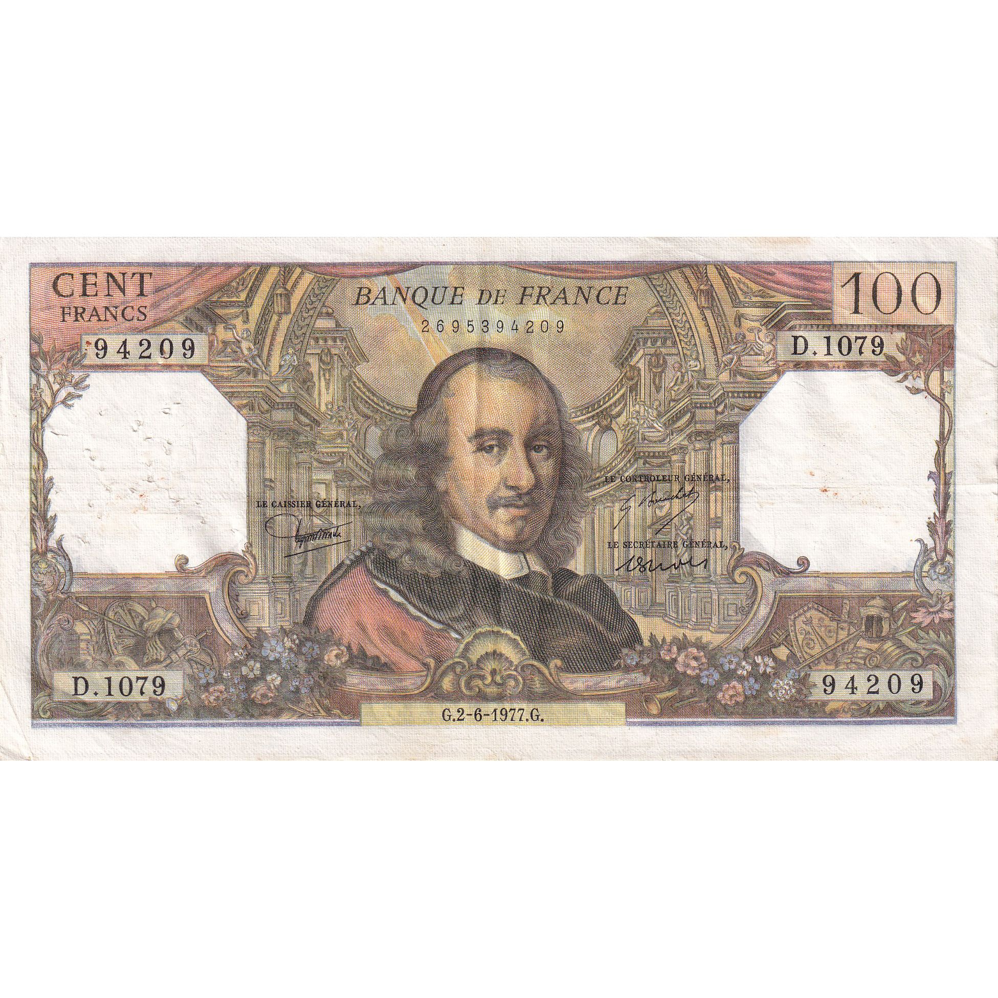 France, 100 Francs, Corneille, 1977, D.1079, EF(40-45), Fayette:65.58, KM:149f