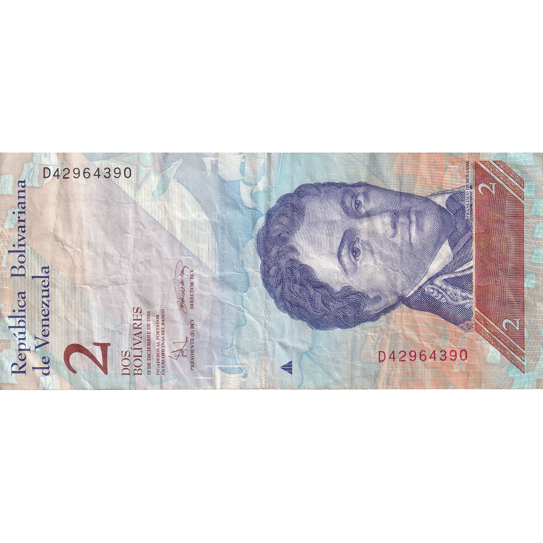 Venezuela, 2 Bolivares, 2008, 2008-12-19, VF