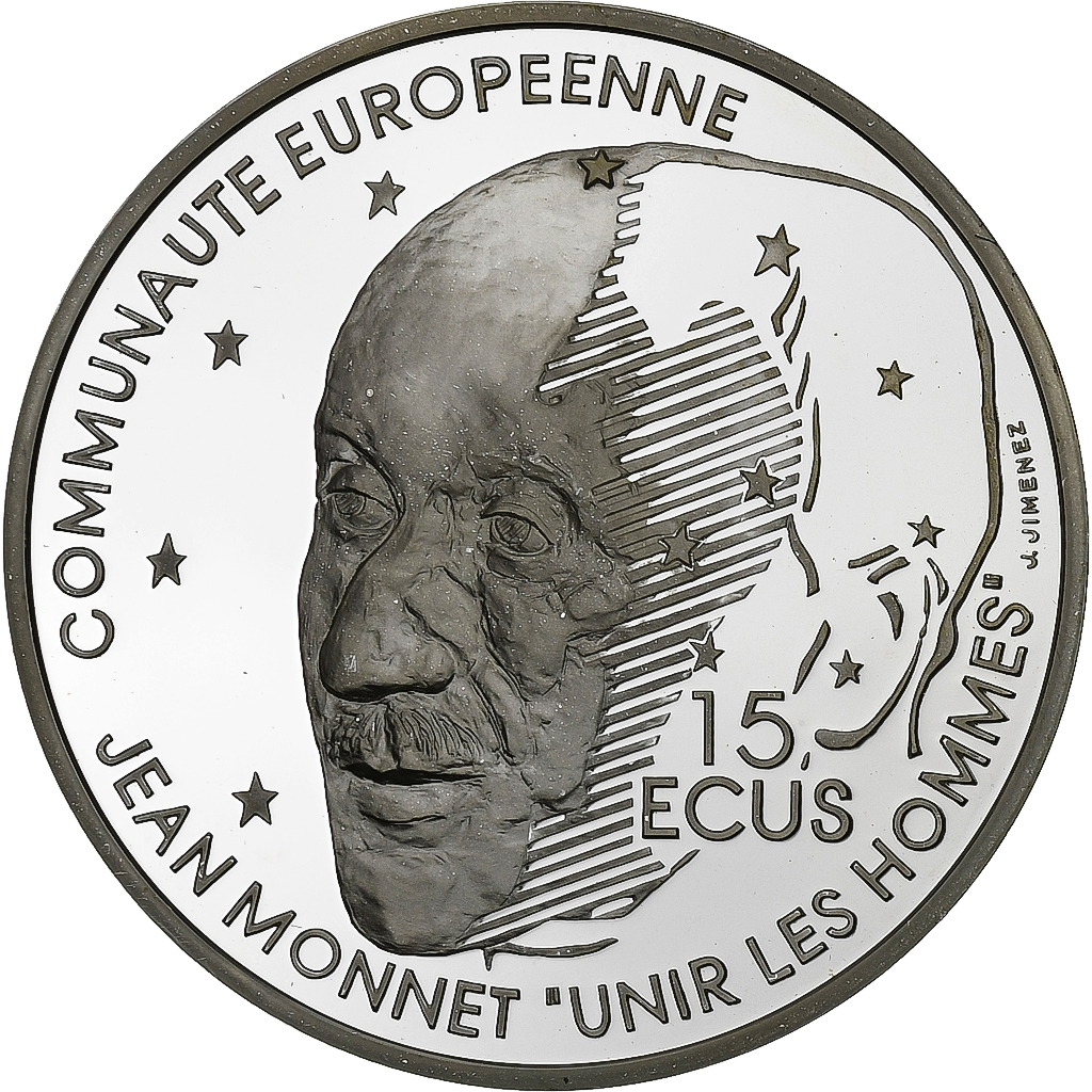 France, 100 Francs-15 Ecus, Jean Monnet, 1992, Proof, Silver, MS