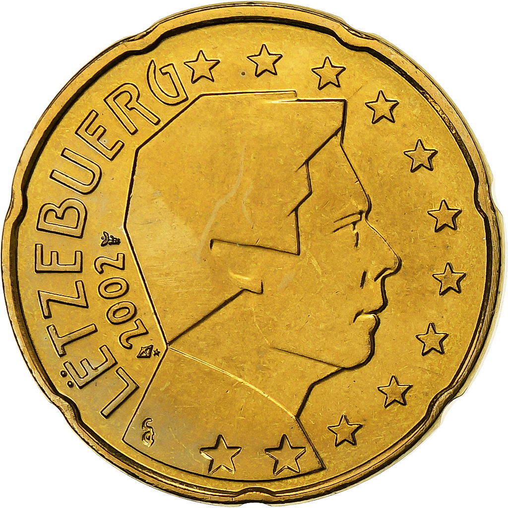 Luxemburg, Henri, 20 Euro Cent, 2002, Utrecht, Messing, STGL, KM:79