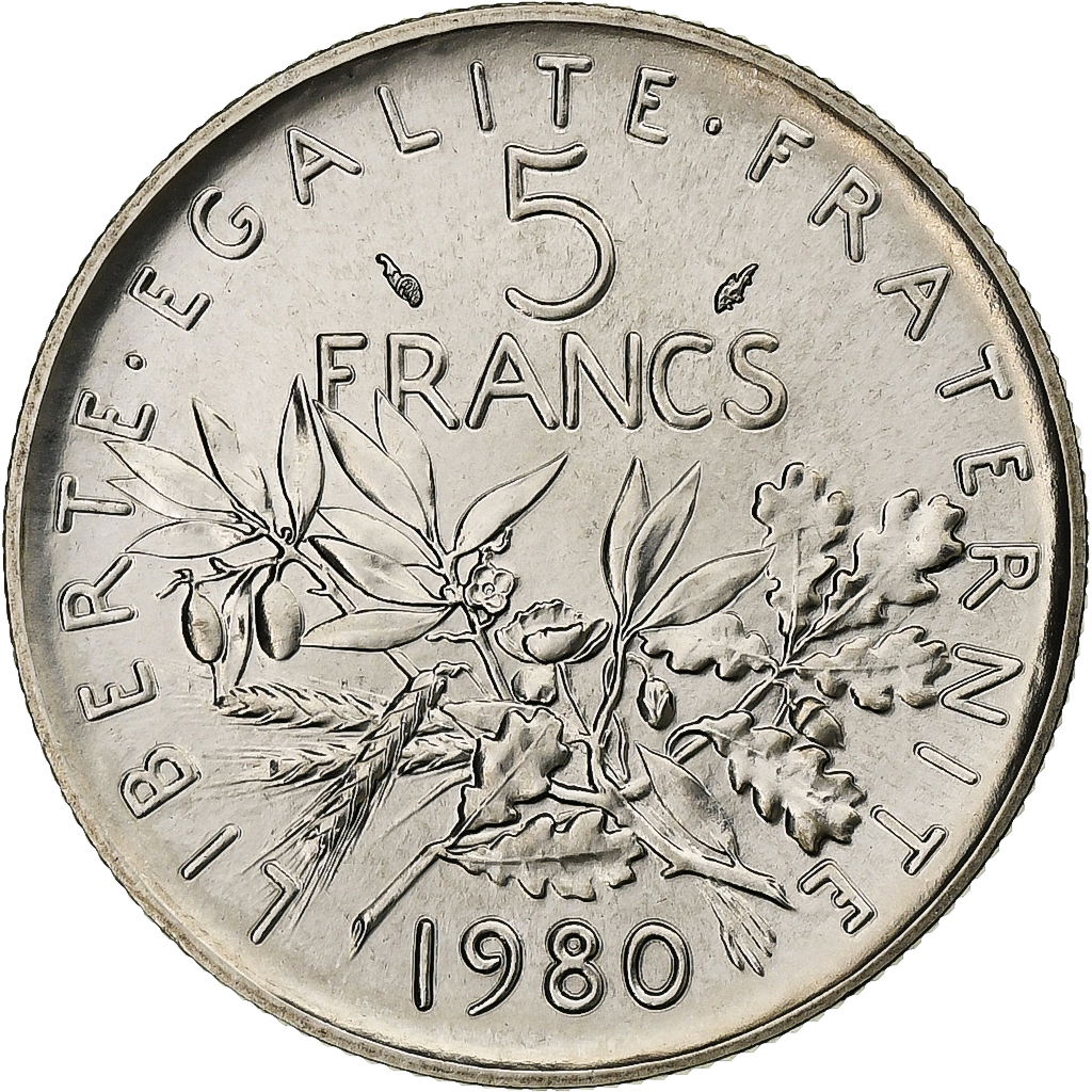 France, 5 Francs, Semeuse, 1980, Paris, série FDC, Cupronickel, MS