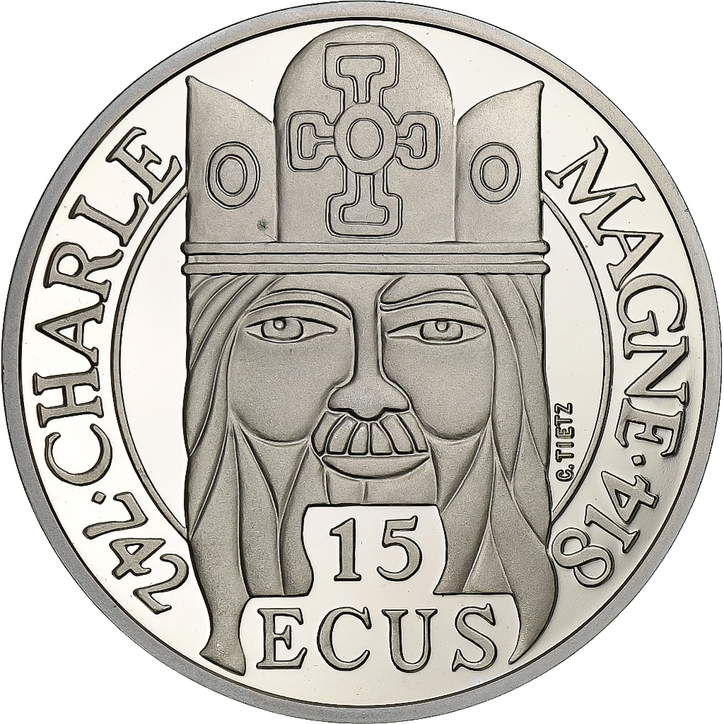 France, 100 Francs-15 Ecus, Charlemagne, 1990, BE, Silver, 