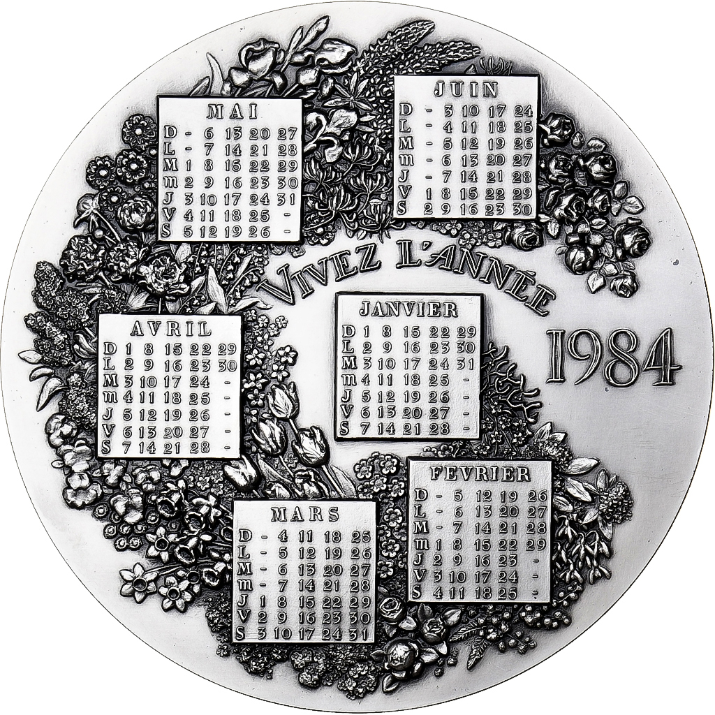 Frankrijk, Medaille, Calendrier, Nouvelle Année, Avec les Fleurs, 1984, Zilver