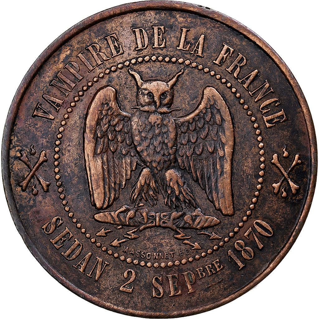 France, Napoleon III, 10 Centimes, SATIRICAL COINS, 1870, Bronze, 