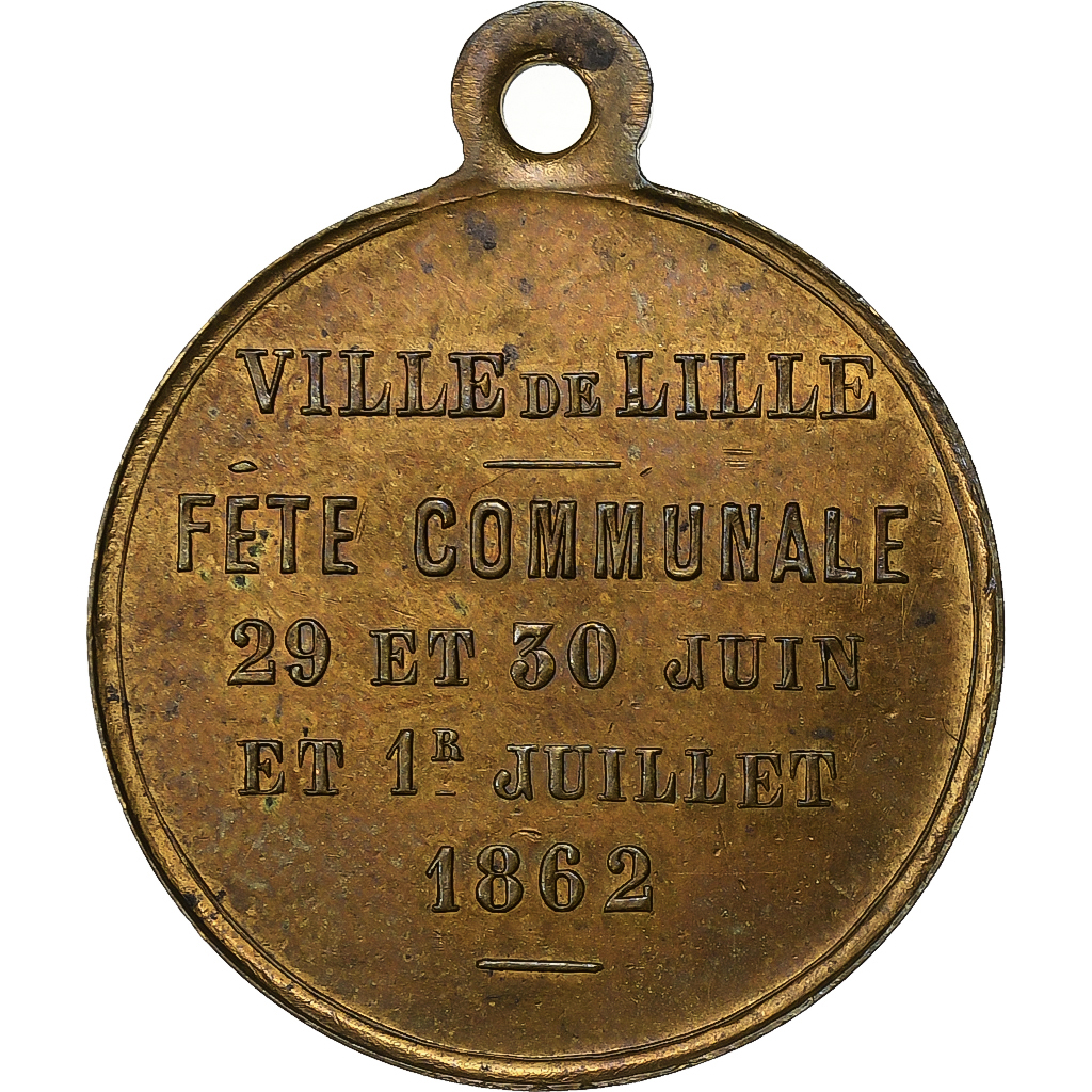 France, Medal, Napoléon III, Fête Communale de la Ville de Lille, 1862, Brass