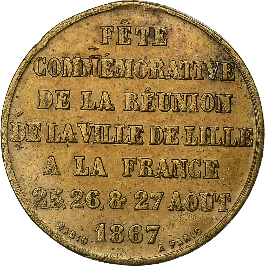 France, Medal, Napoléon III, Fêtes de Lille, 1867, Brass, 
