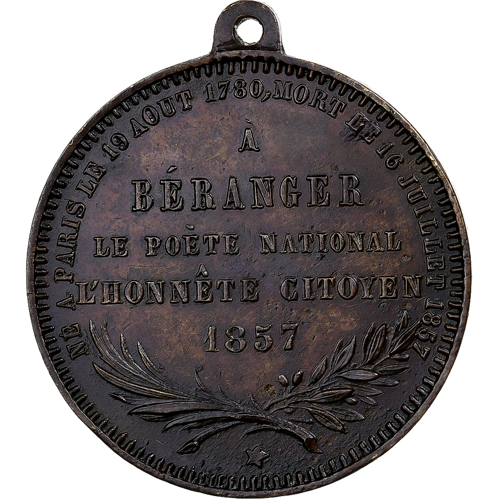 France, Medal, Pierre Jean Béranger, 1857, Brass, Magniadas, 