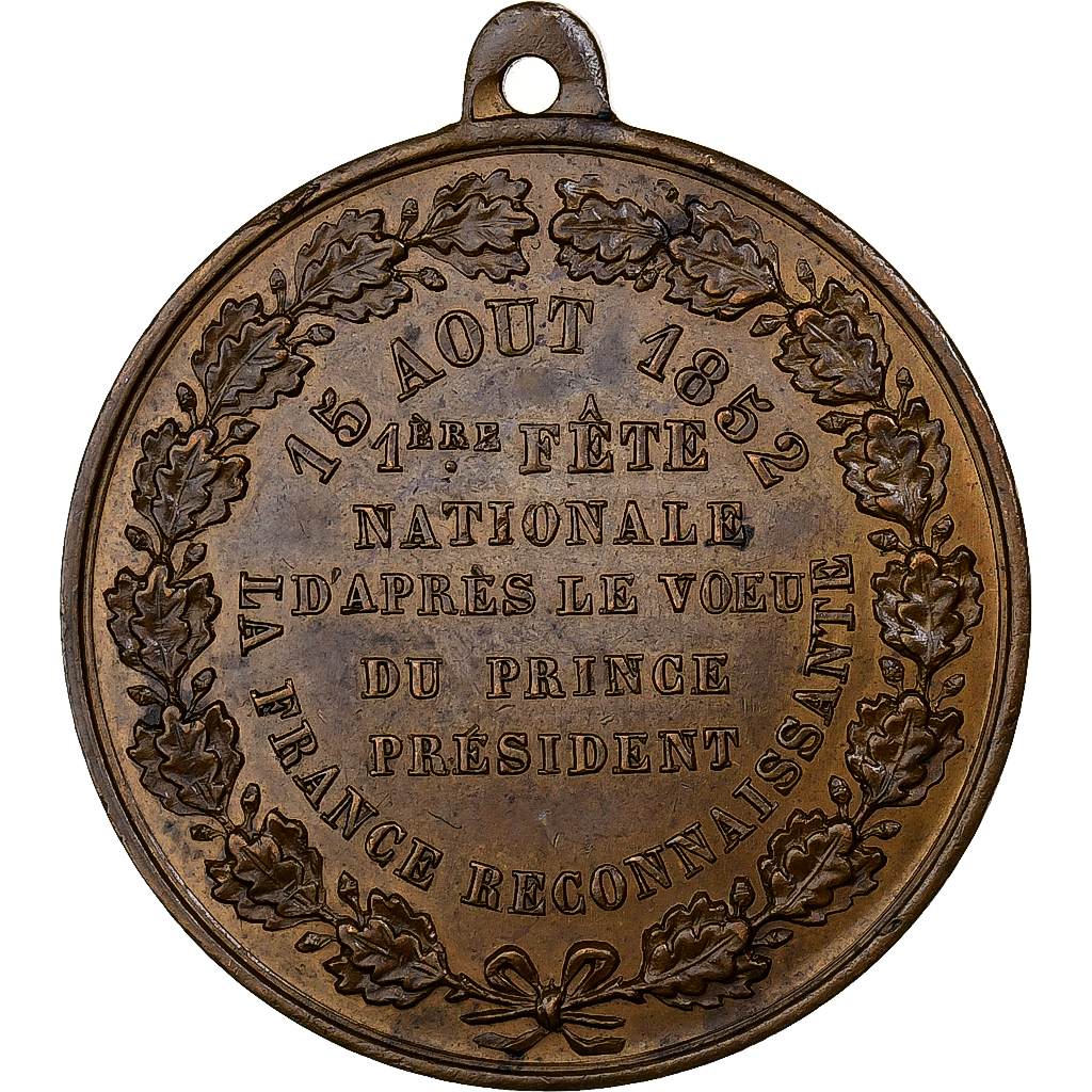 France, Medal, Louis Napoléon Bonaparte, 1ère Fête Nationale, 1852, Copper