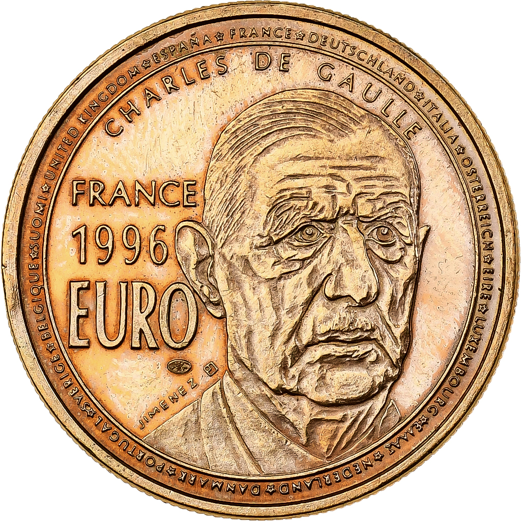 France, Medal, Charles De Gaulle, 1 Euro Essai, 1996, Copper Gilt, Jimenez