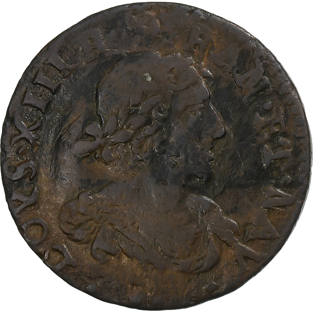 France, Louis XIII, Double Tournois, 1638, Axe Loire-Rhône, Copper, 