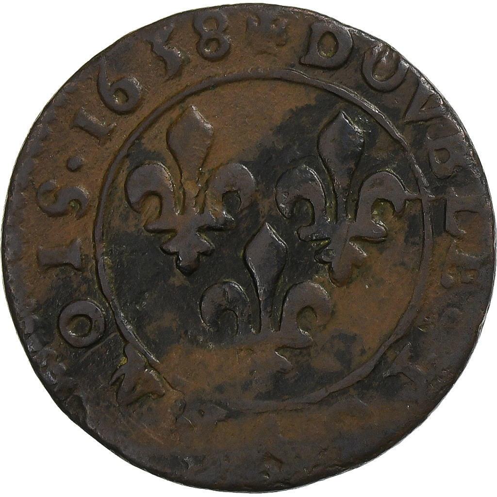 France, Louis XIII, Double Tournois, 1638, Axe Loire-Rhône, Copper, 