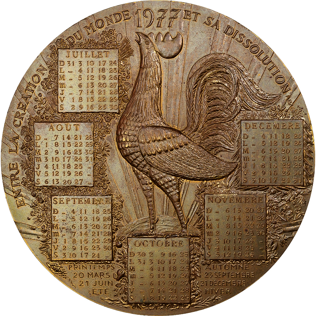 France, Medal, Calendrier, La Chouette et le Coq, 1977, Bronze, Couture