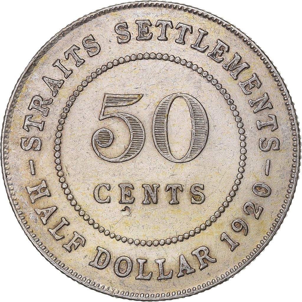 Straits Settlements, George V, 50 Cents, 1920, Bombay, Silver, 