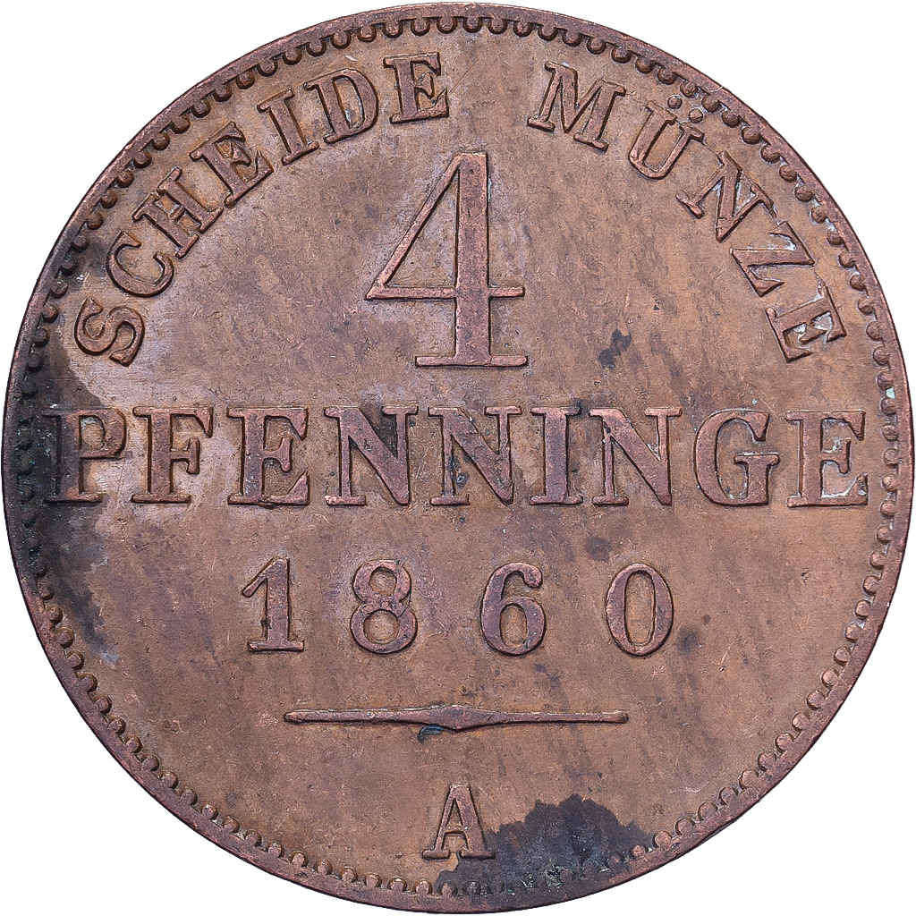 Kingdom of Prussia, Friedrich Wilhelm IV, 4 Pfennig, 1860, Berlin, Copper
