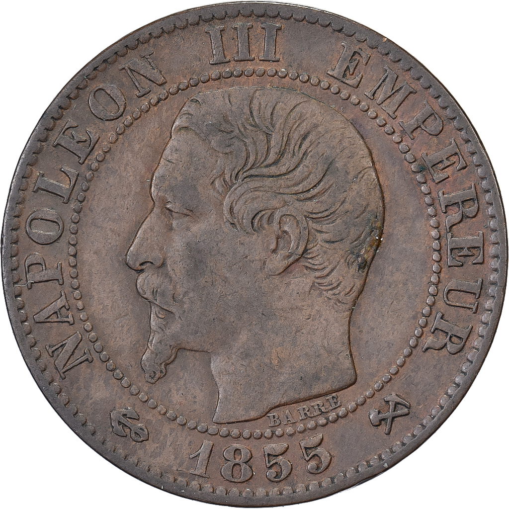 France, Napoleon III, 5 Centimes, 1855, Rouen, Anchor, Bronze, 