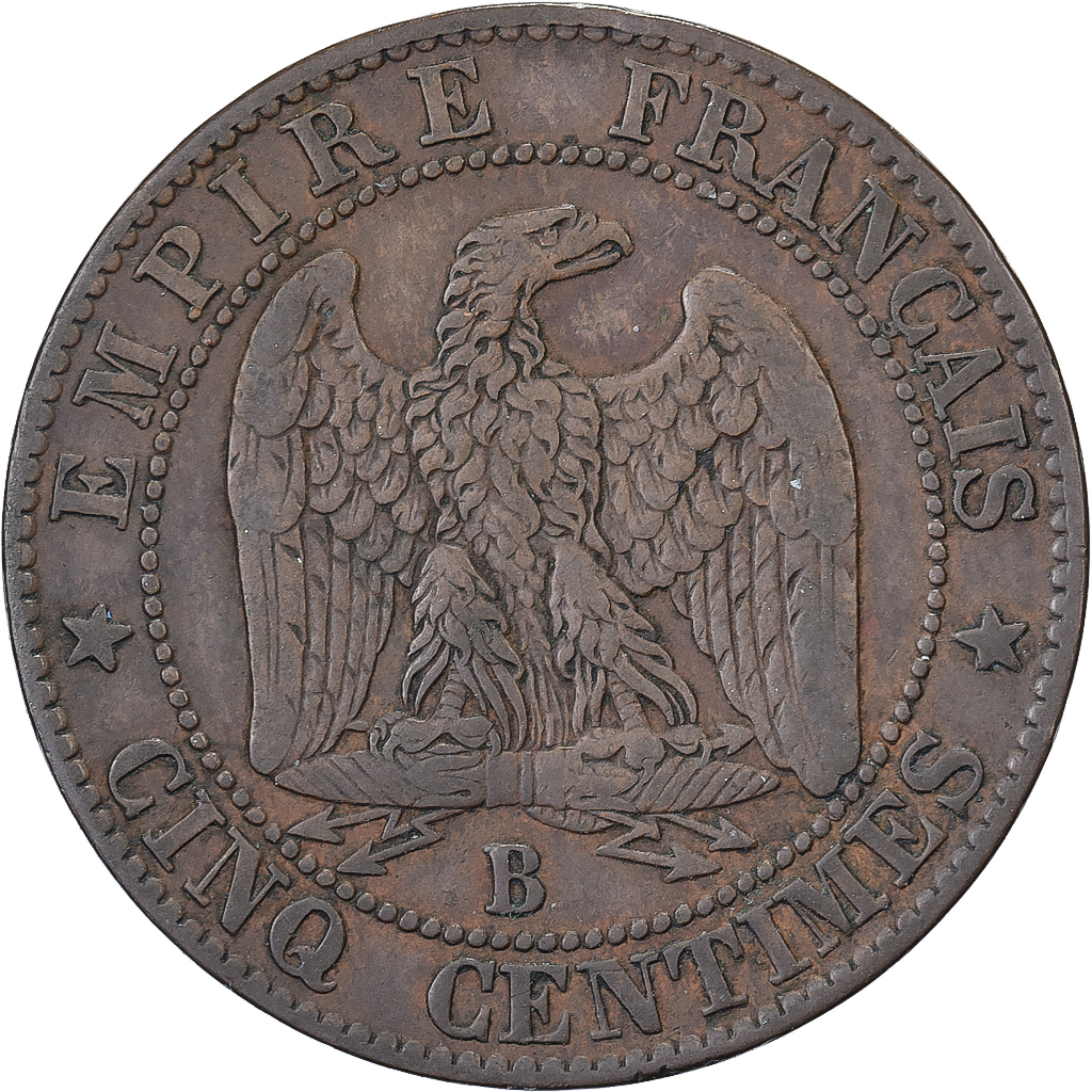 France, Napoleon III, 5 Centimes, 1855, Rouen, Anchor, Bronze, 