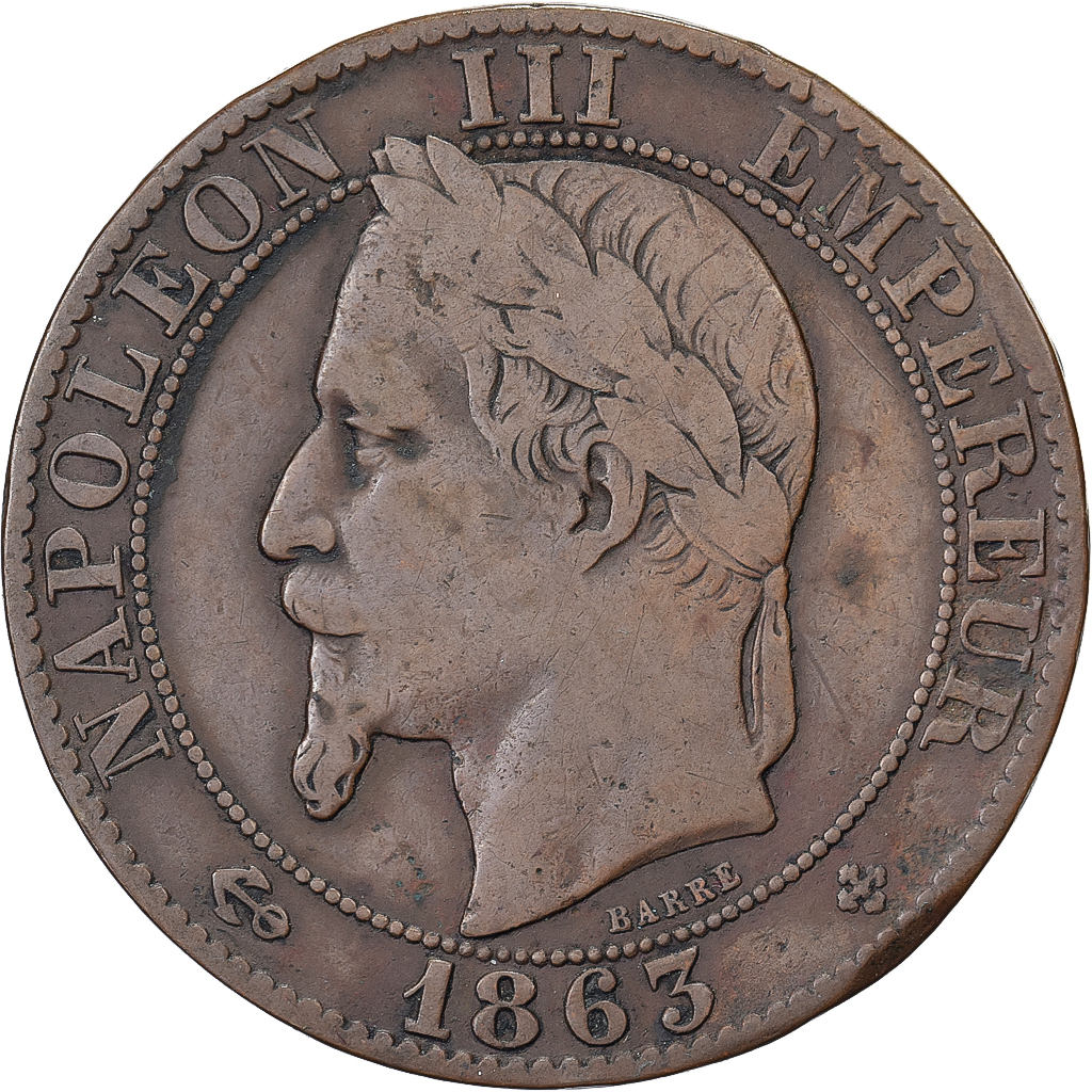 France, Napoleon III, 5 Centimes, 1863, Strasbourg, Bronze, 