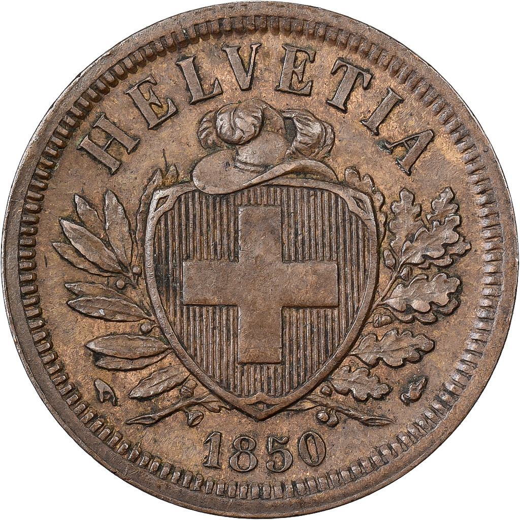 Switzerland, 2 Rappen, 1850, Paris, Copper, 