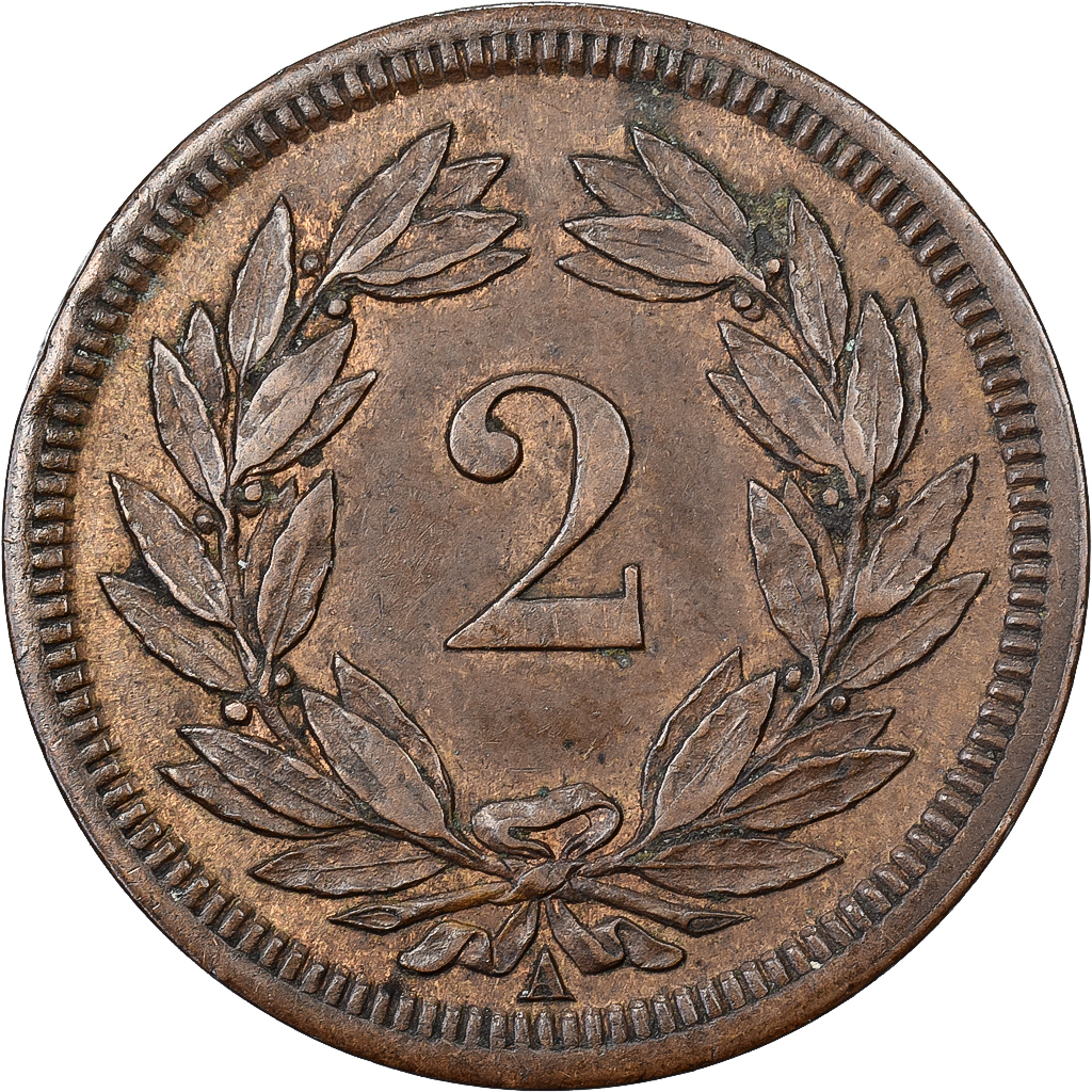 Switzerland, 2 Rappen, 1850, Paris, Copper, 