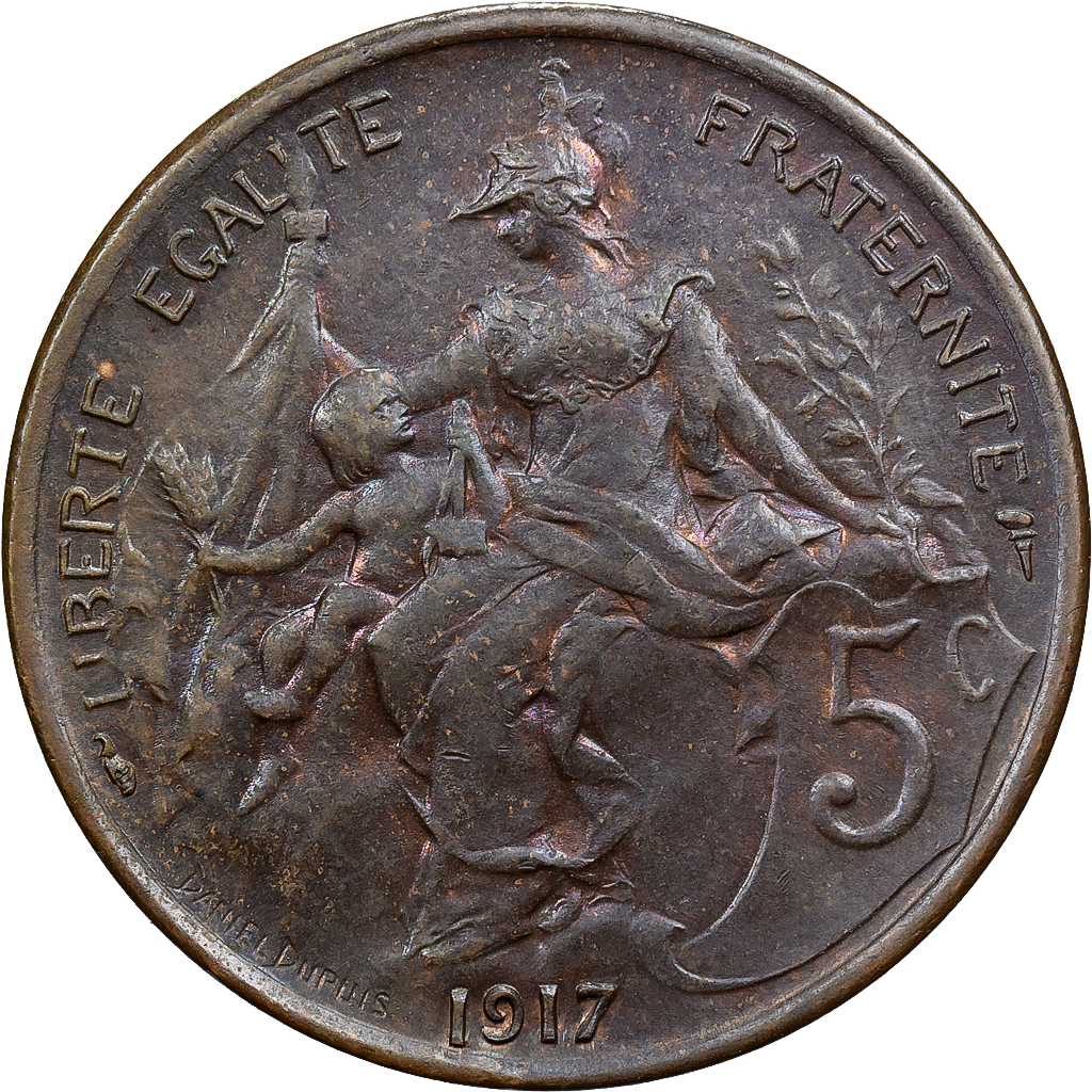 France, 5 Centimes, Daniel-Dupuis, 1917, Paris, Bronze, , Gadoury:165