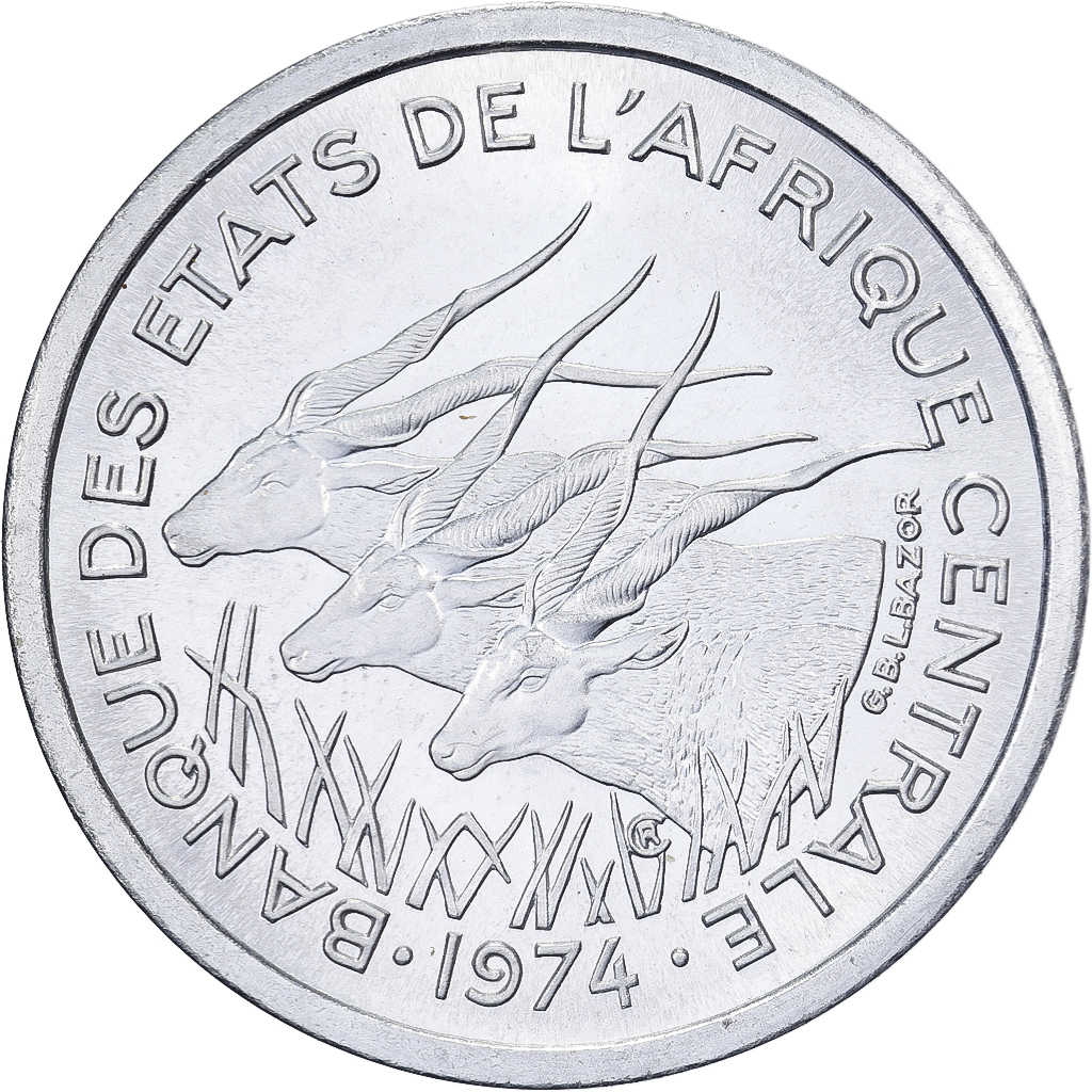 Central African States, 1 Franc, 1974, Paris, Pattern, Aluminum, 