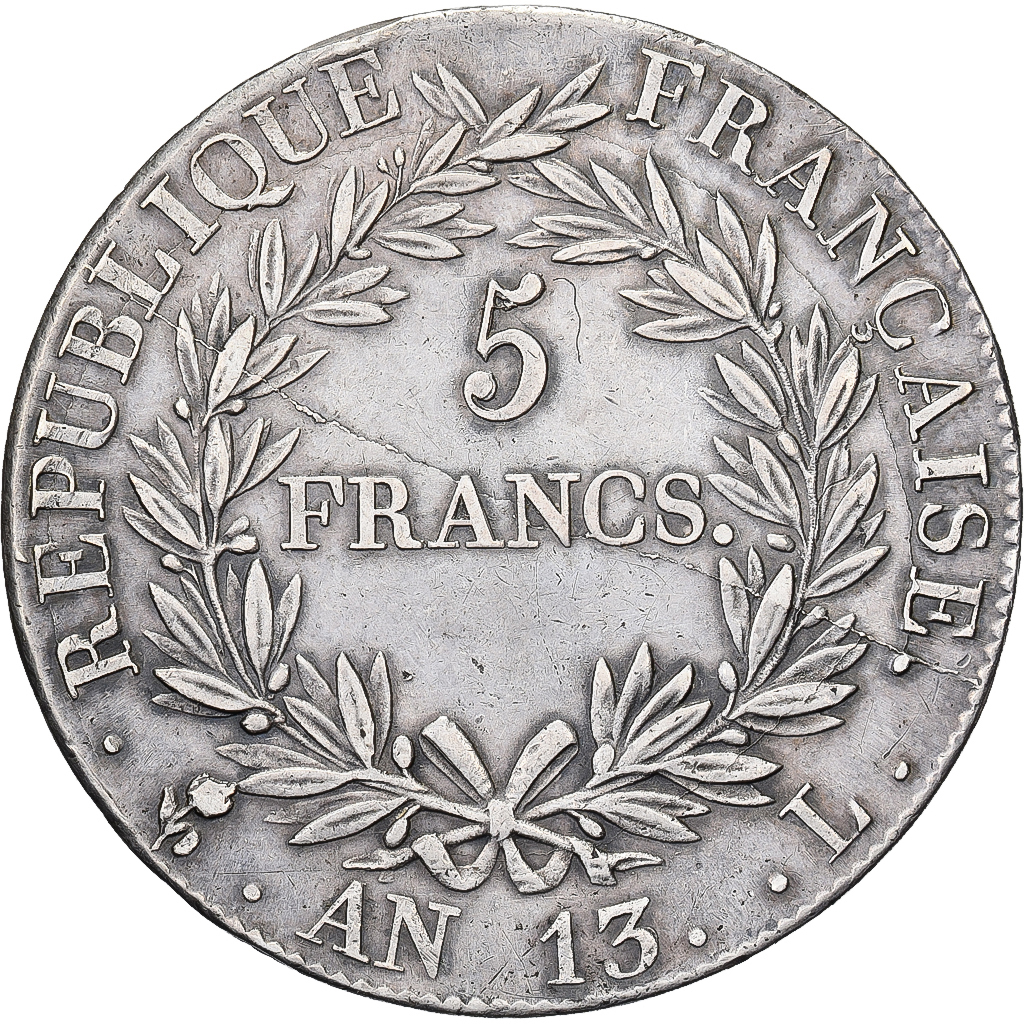 France, Napoleon I, 5 Francs, AN 13, Bayonne, Silver, AU, Gadoury:580