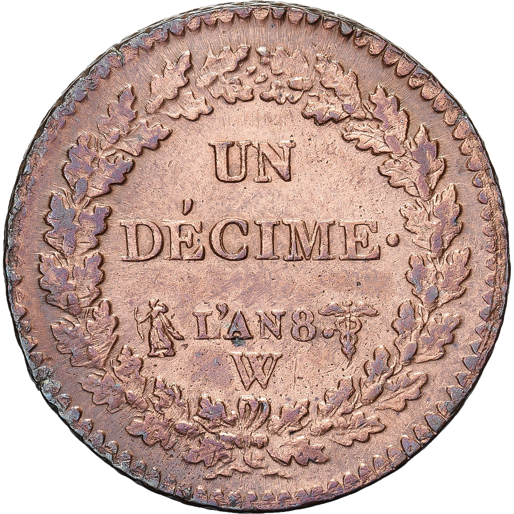 France, 1 Décime, Dupré, AN 8, Lille, Bronze, AU, Gadoury:187a