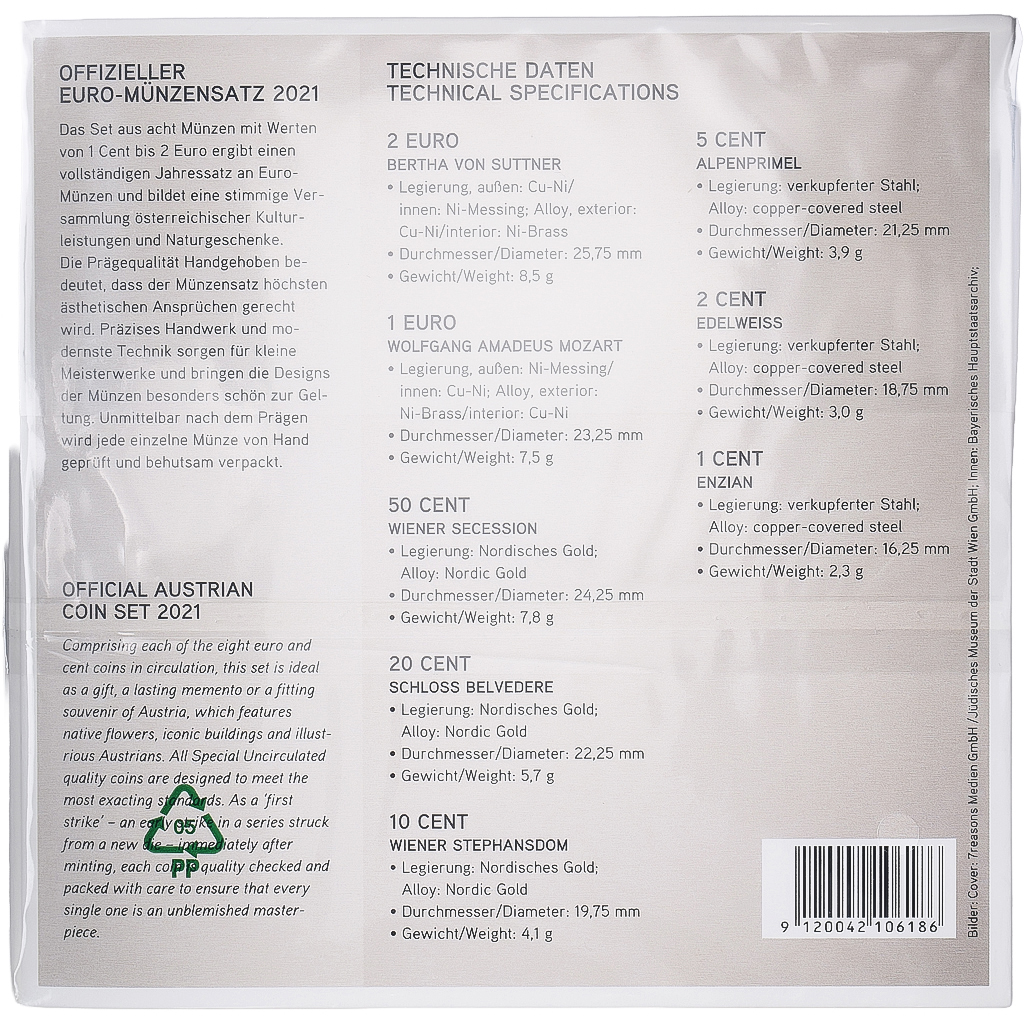 Österreich, Set 1 ct. - 2 Euro, BU, 2021, Vienna, STGL