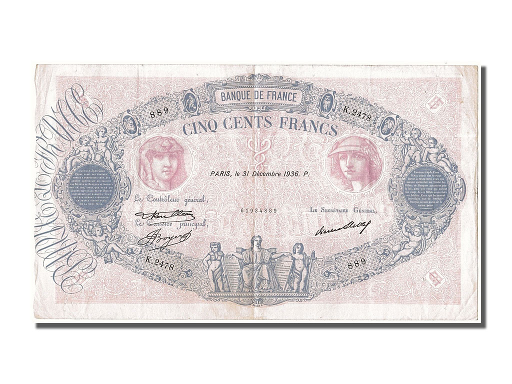 Banknote, France, 500 Francs, 500 F 1888-1940 ''Bleu et Rose'', 1936