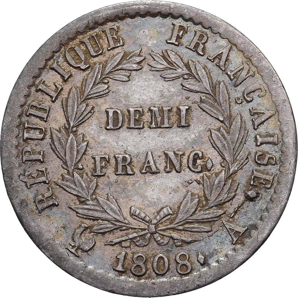 France, Napoleon I, 1/2 Franc, 1808, Paris, Silver, AU, Gadoury:398