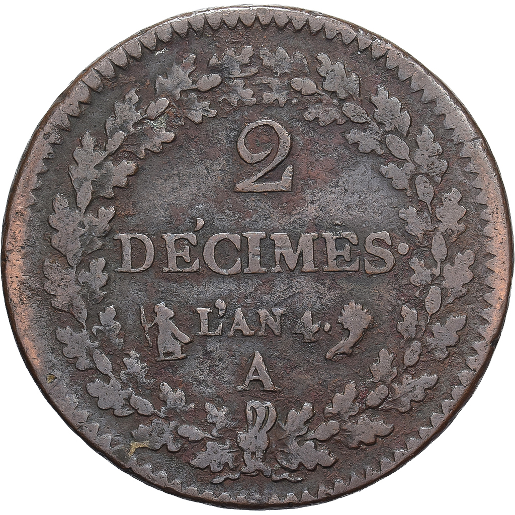 France, 2 Décimes, Dupré, AN 4, Paris, Copper, VF, Gadoury:300