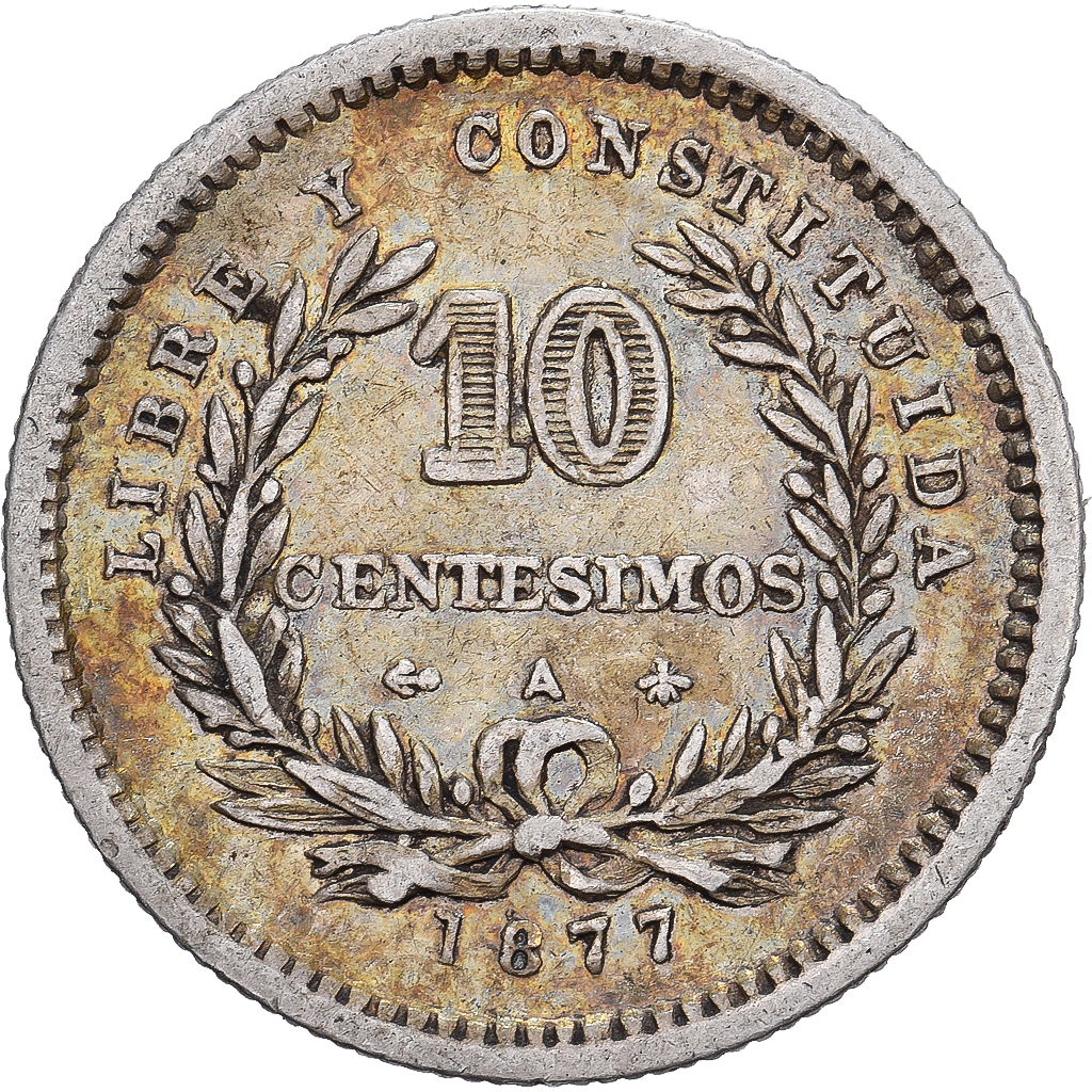 Uruguay, 10 Centesimos, 1877, Paris, Silver, VF